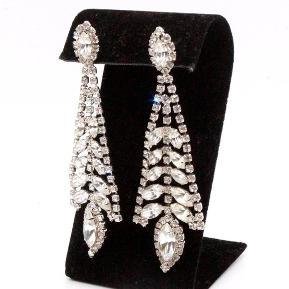 Vintage 90's Rhinestones Rhodium Plate Fancy Bridal Dangle Long Post Earrings - Picture 5 of 10